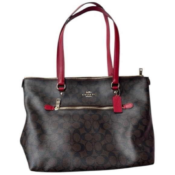 Coach Brown Signature Tote with Red Handles - Picture 8 of 9